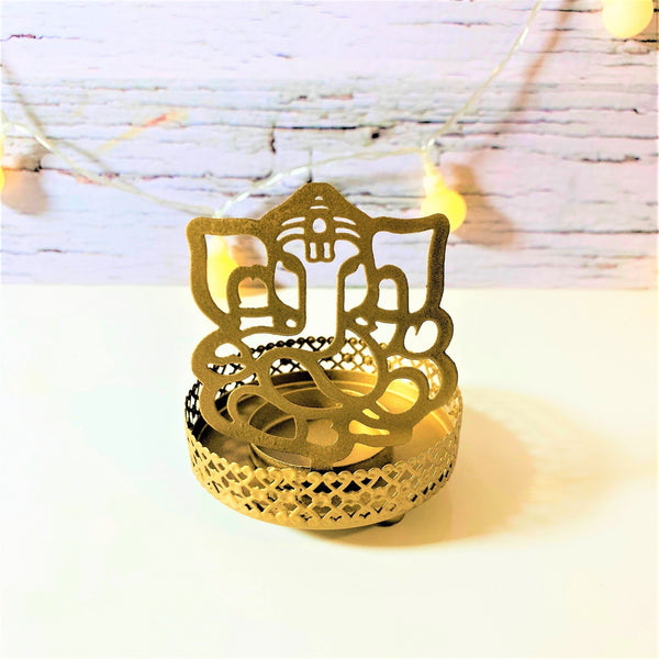 Ganesh Laxmi Tea Light Holder (Gold, Pack of 2)