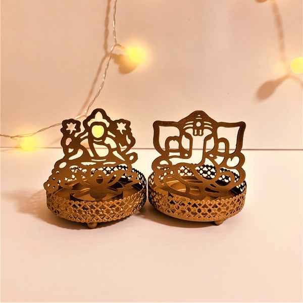 Ganesh Laxmi Tea Light Holder (Gold, Pack of 2)